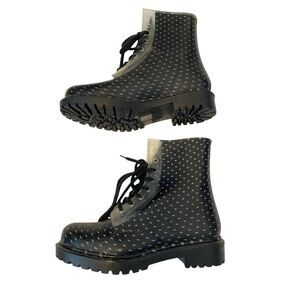 Dirty Laundry Black Polka Dot Lace Up Rain Boots Waterproof Combat Size 8 Goth